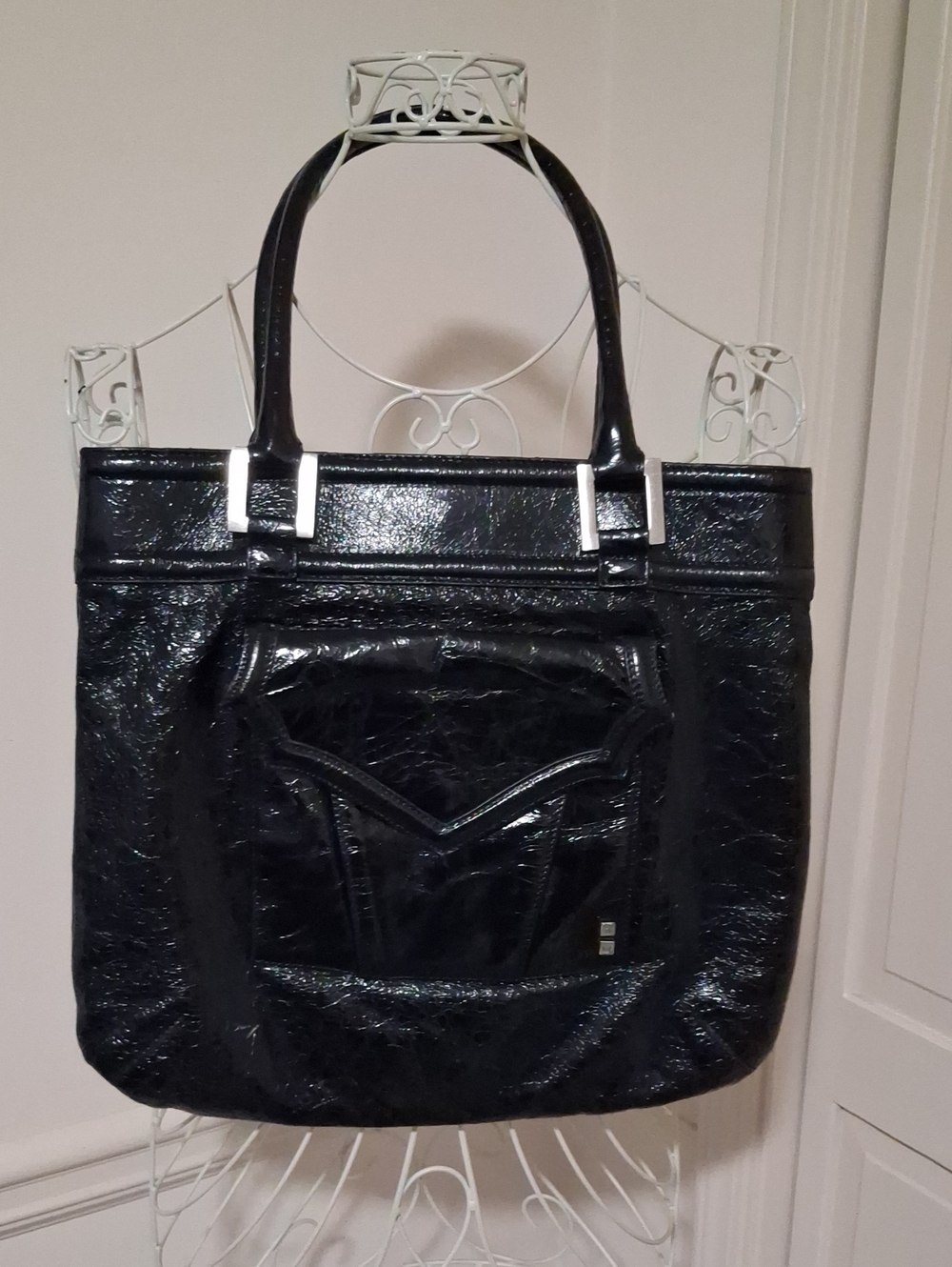 Helen Welsh Patent Black Leather Tote Bag with Front Pocket